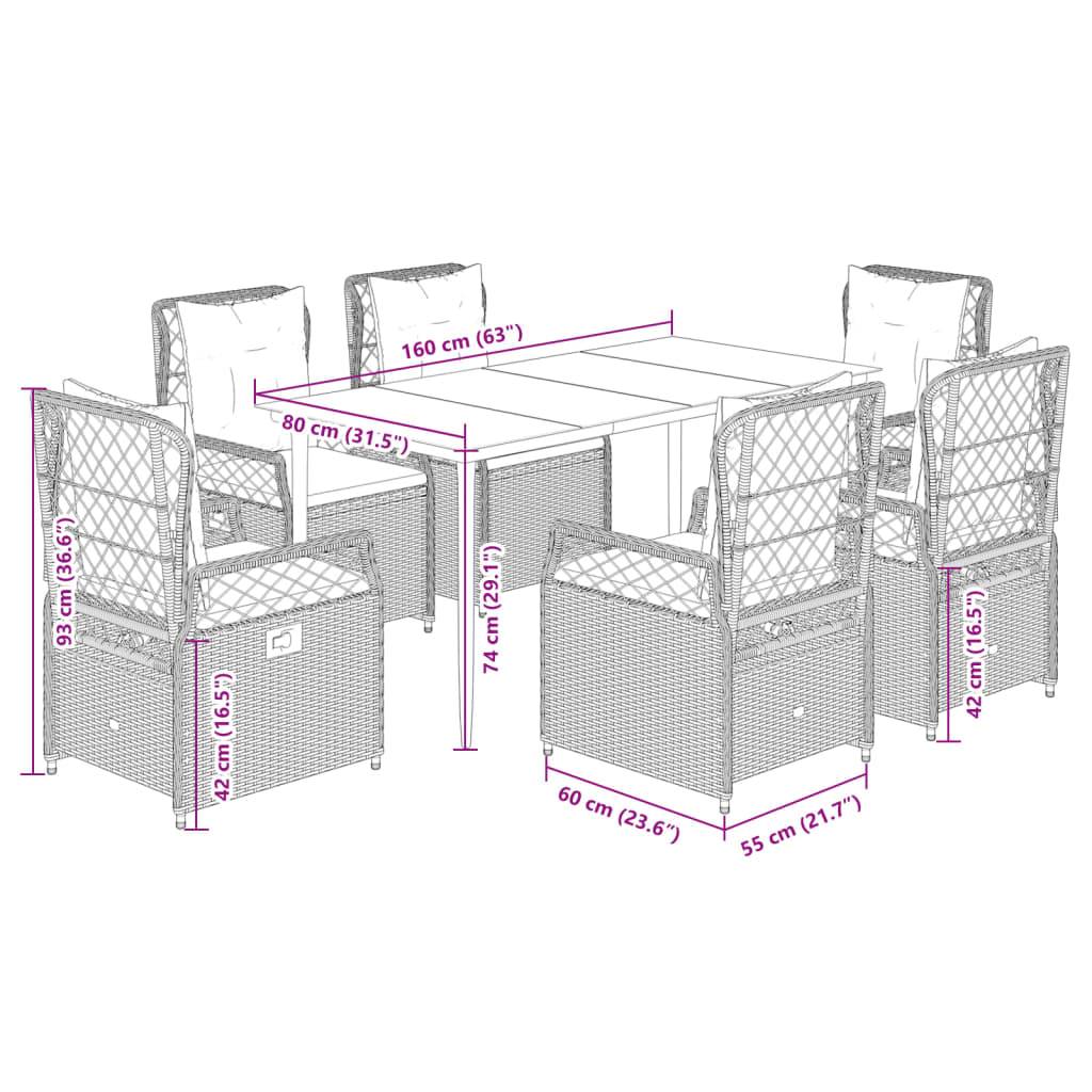 vidaXL 7-tlg. Garten-Essgruppe mit Kissen Braun Poly Rattan
