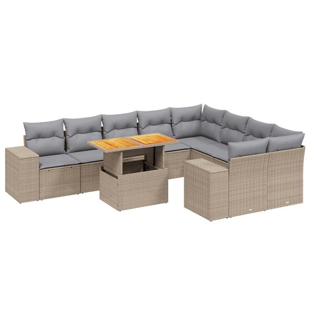 vidaXL 10-tlg. Garten-Sofagarnitur mit Kissen Beige Poly Rattan