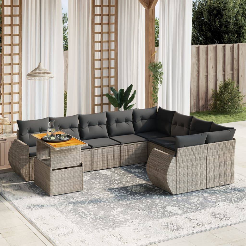 vidaXL 10-tlg. Garten-Sofagarnitur mit Kissen Grau Poly Rattan
