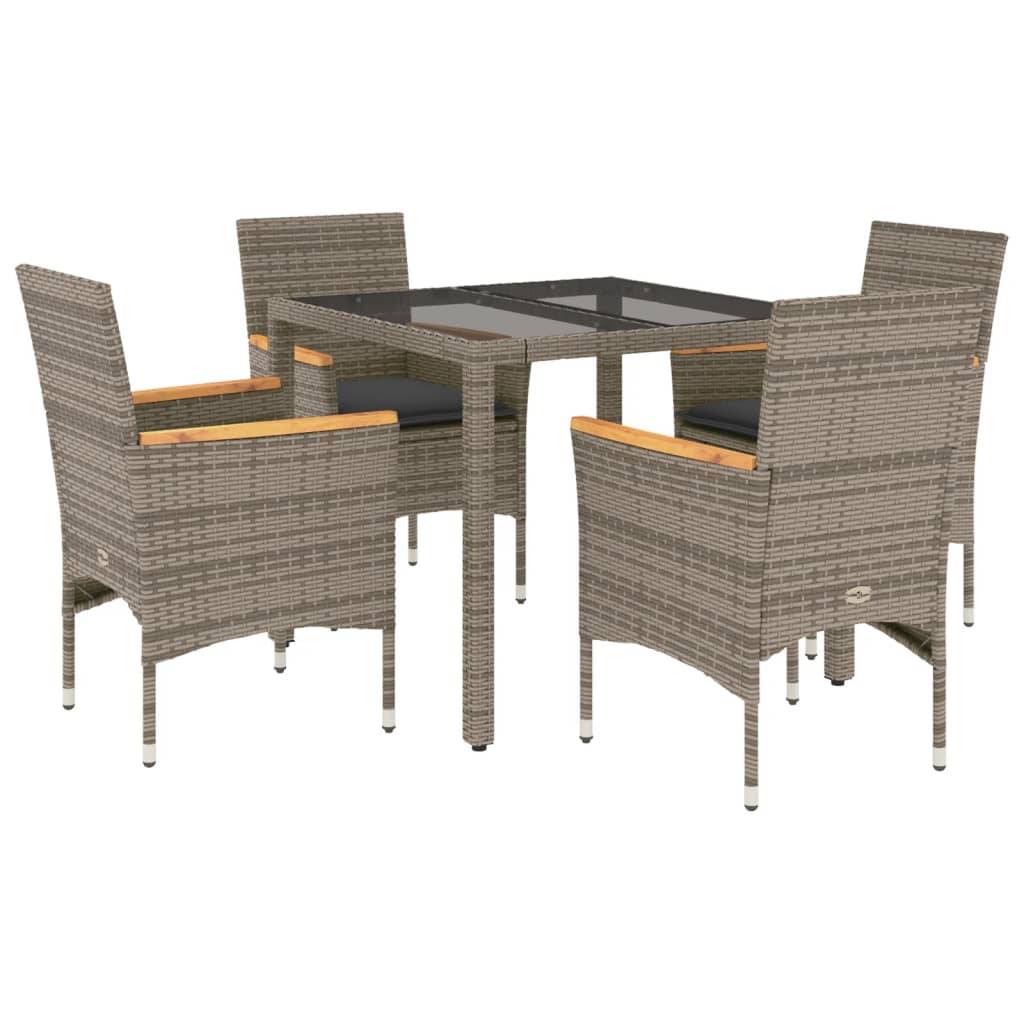 vidaXL 5-tlg. Garten-Essgruppe mit Kissen Grau Poly Rattan und Glas
