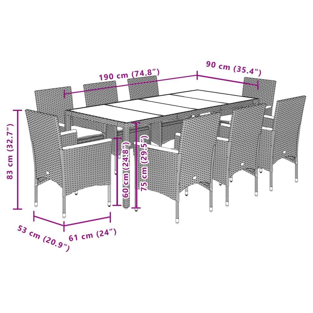 vidaXL 9-tlg. Garten-Essgruppe mit Kissen Grau Poly Rattan Akazie