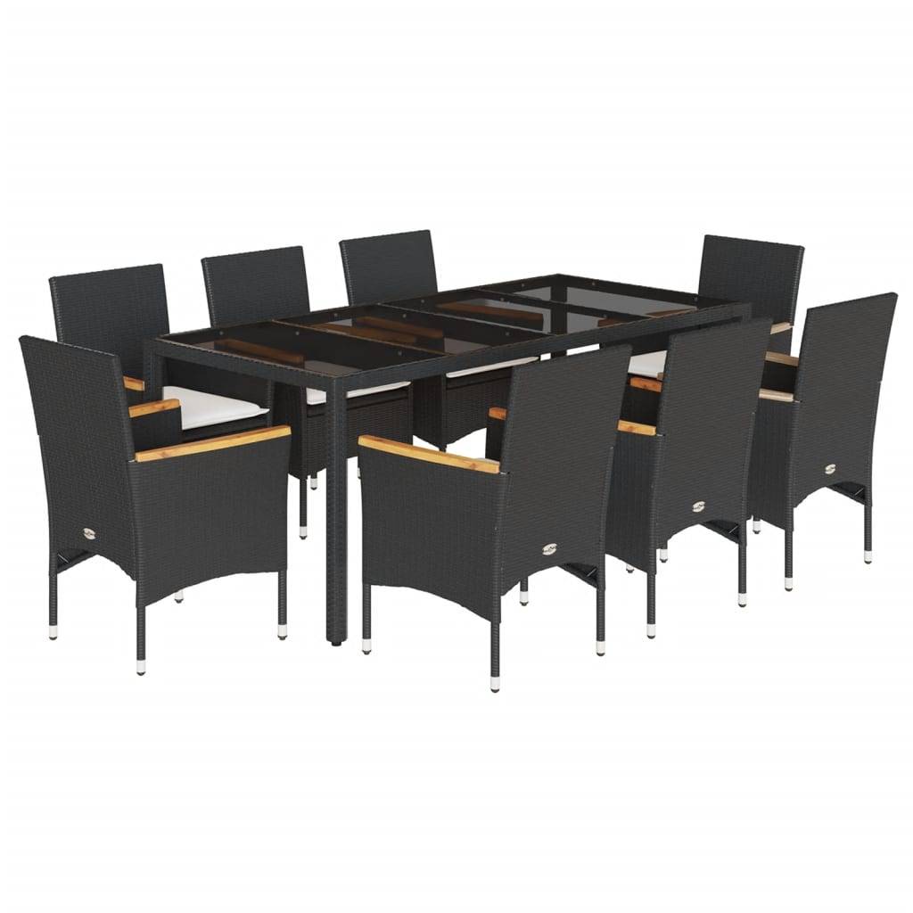 vidaXL 9-tlg. Garten-Essgruppe mit Kissen Schwarz Poly Rattan und Glas