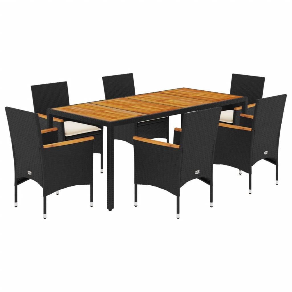 vidaXL 7-tlg. Garten-Essgruppe mit Kissen Schwarz Poly Rattan Akazie