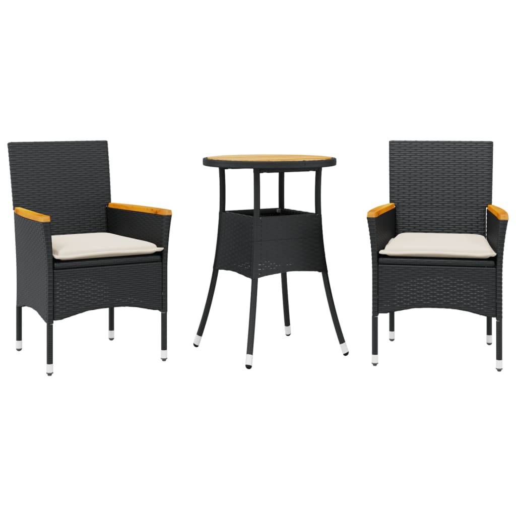 vidaXL 3-tlg. Garten-Essgruppe mit Kissen Schwarz Poly Rattan Akazie