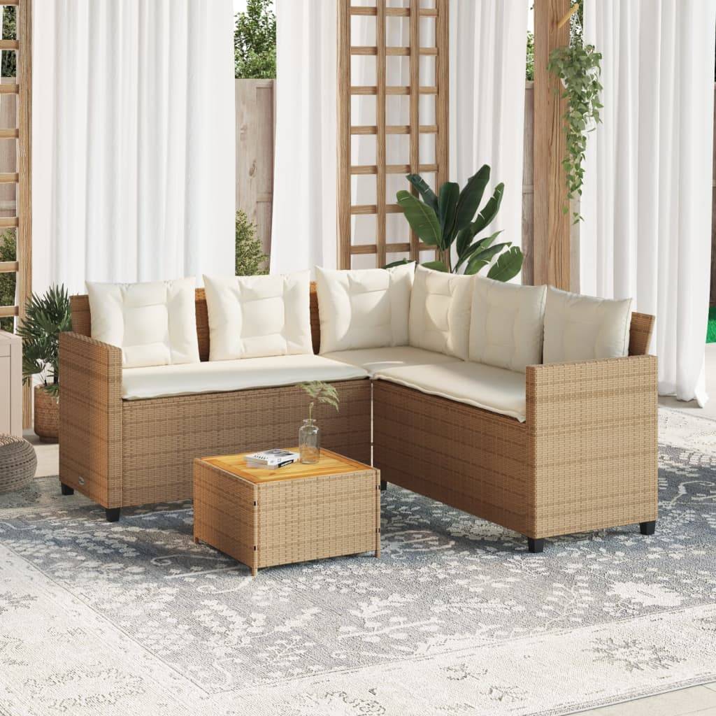 vidaXL Gartensofa in L-Form mit Tisch und Kissen Beige Poly Rattan