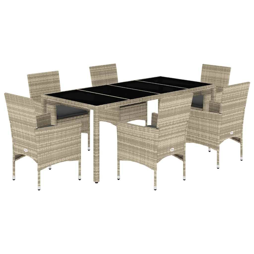 vidaXL 7-tlg. Garten-Essgruppe mit Kissen Hellgrau Poly Rattan & Glas
