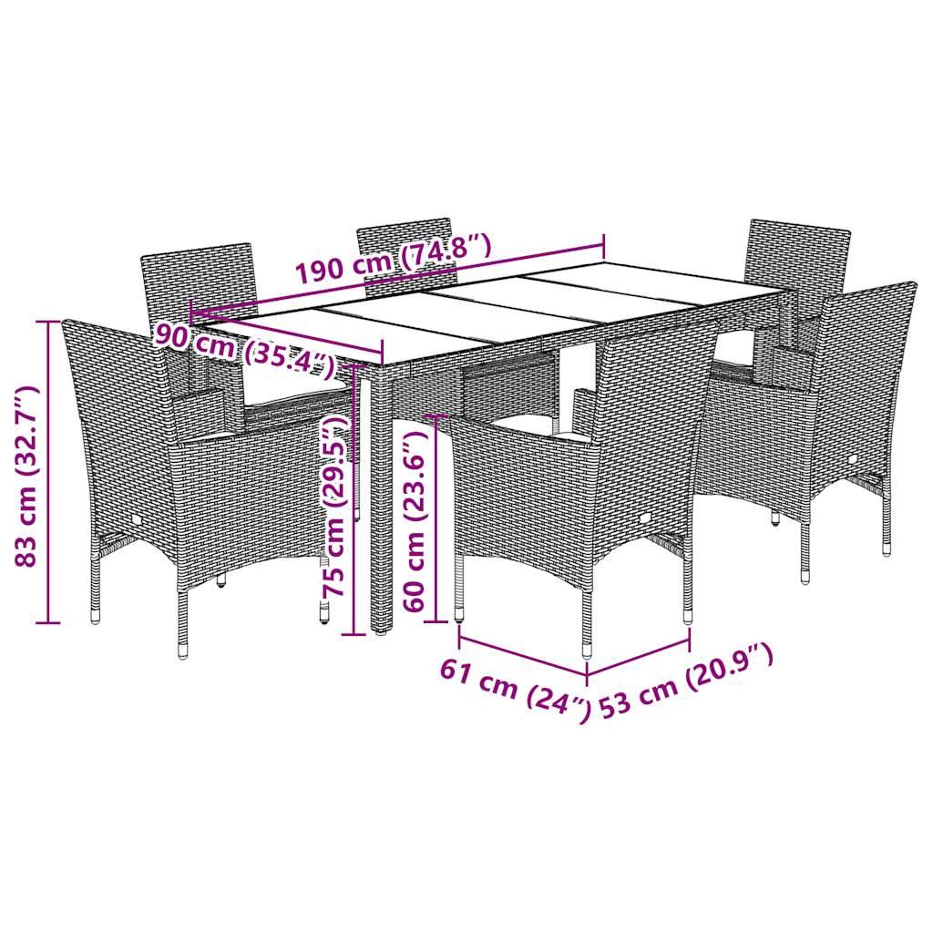 vidaXL 7-tlg. Garten-Essgruppe mit Kissen Hellgrau Poly Rattan & Glas