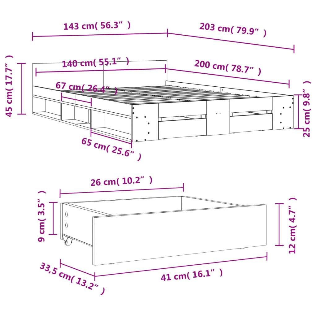 vidaXL Bettgestell mit Schubladen Grau Sonoma 140x200 cm Holzwerkstoff