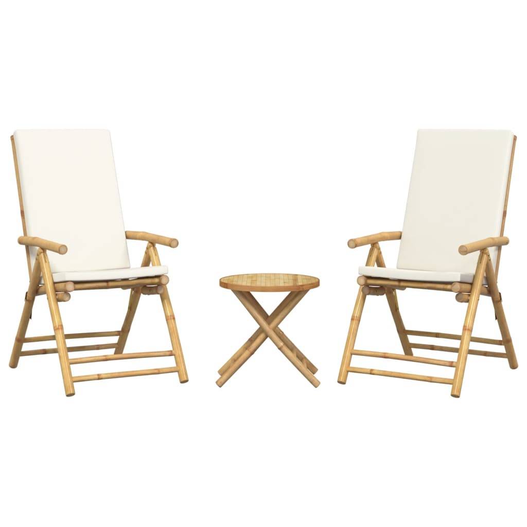 vidaXL 3-tlg. Bistro-Set Klappbar mit Cremeweißen Kissen Bambus
