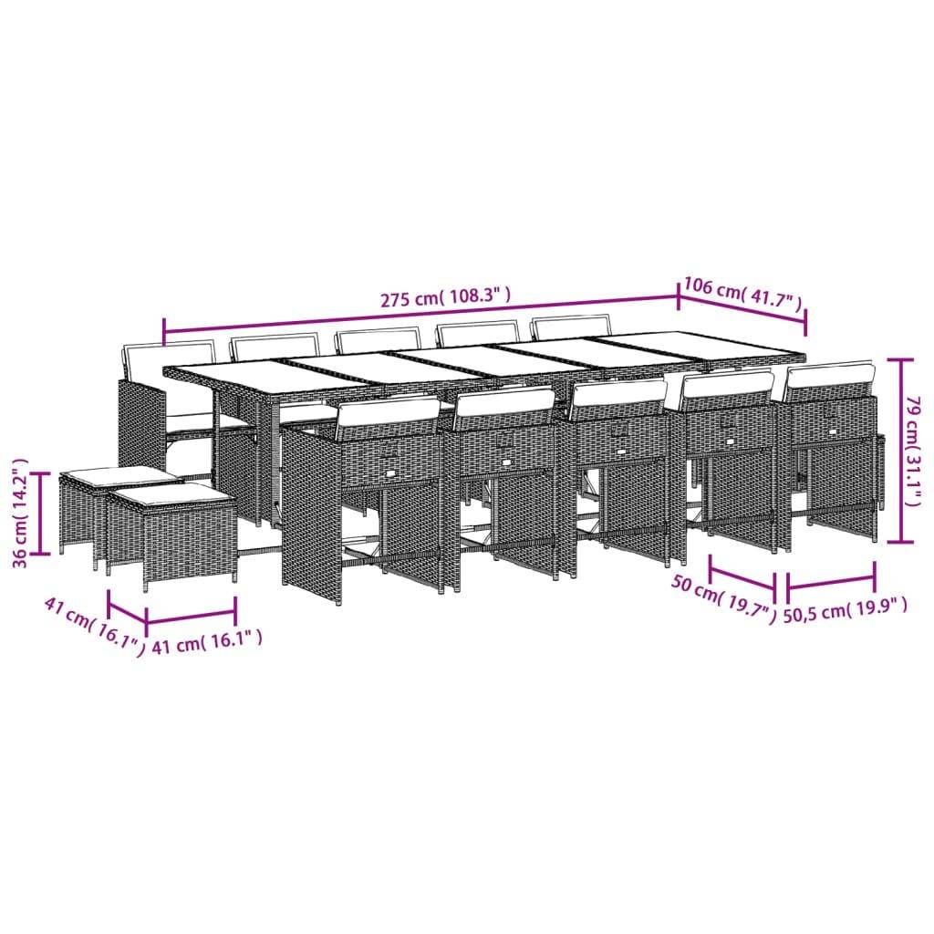 vidaXL 15-tlg. Garten-Essgruppe mit Kissen Grau Poly Rattan