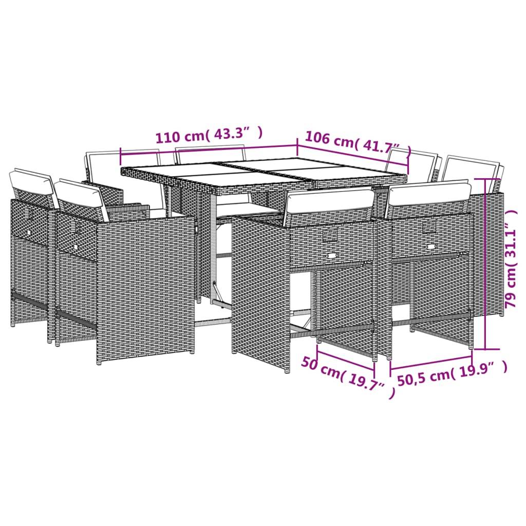 vidaXL 9-teiliges Garten-Ess-Set mit Kissen, grau, Polyrattan