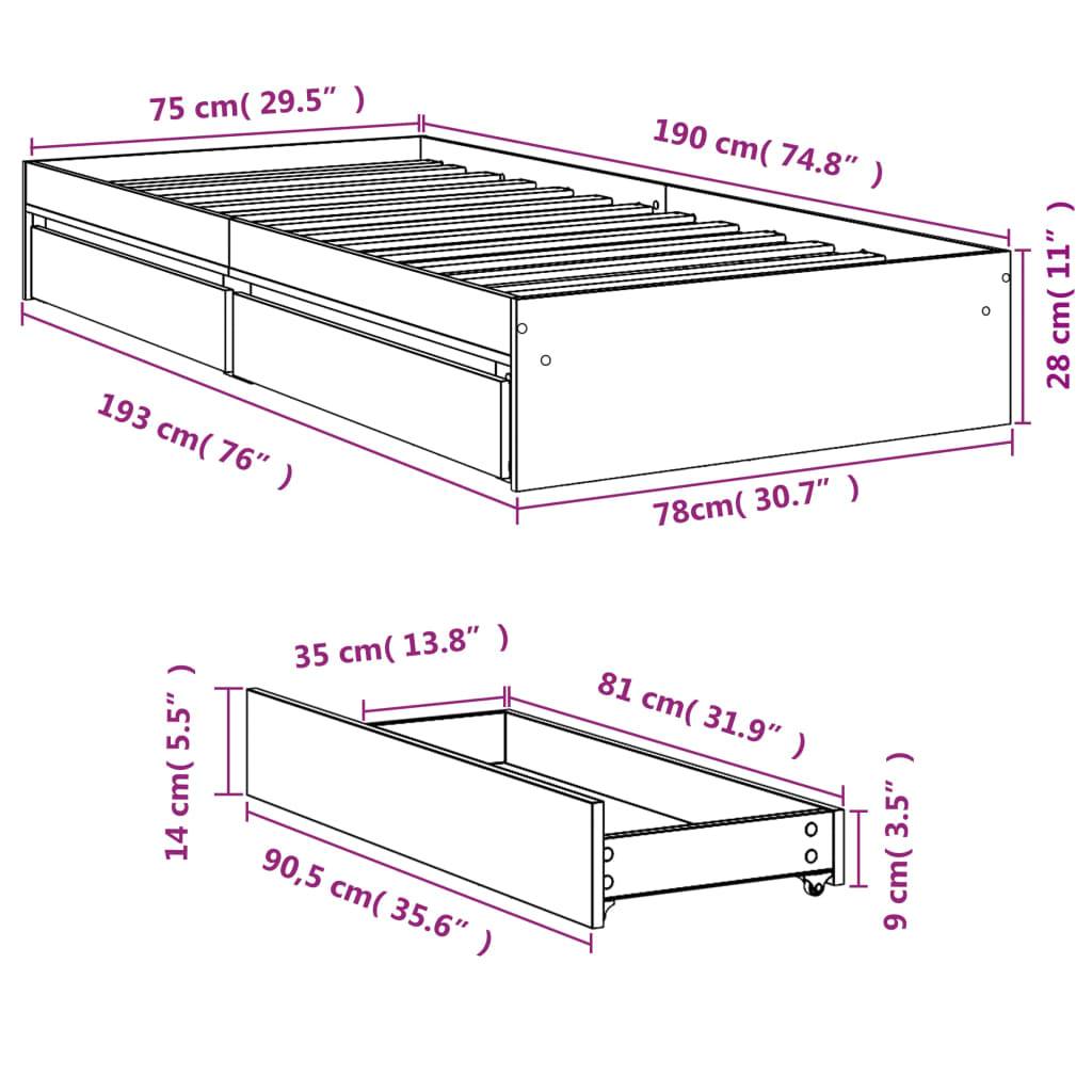 vidaXL Bettgestell mit Schubladen Betongrau 75x190 cm Holzwerkstoff