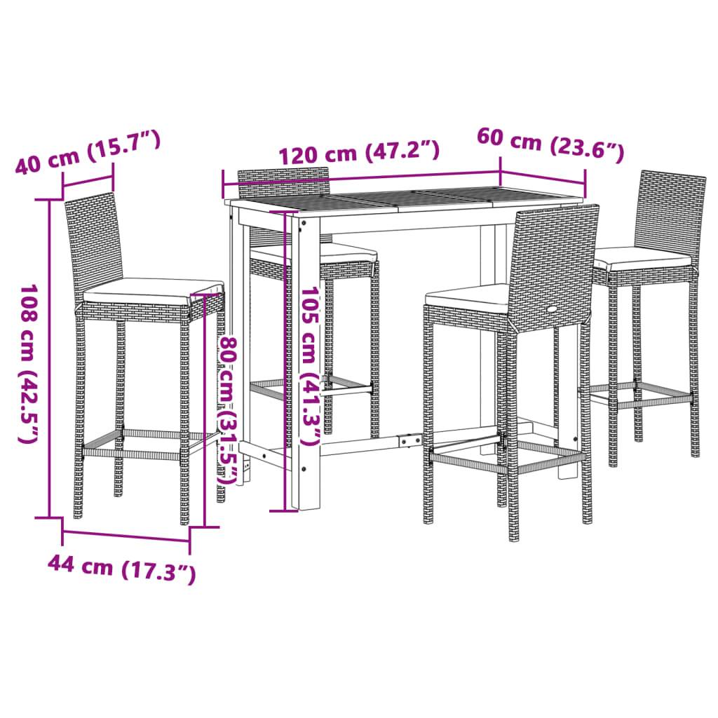 vidaXL 5-tlg. Gartenbar-Set Schwarz Massivholz Akazie und Poly Rattan