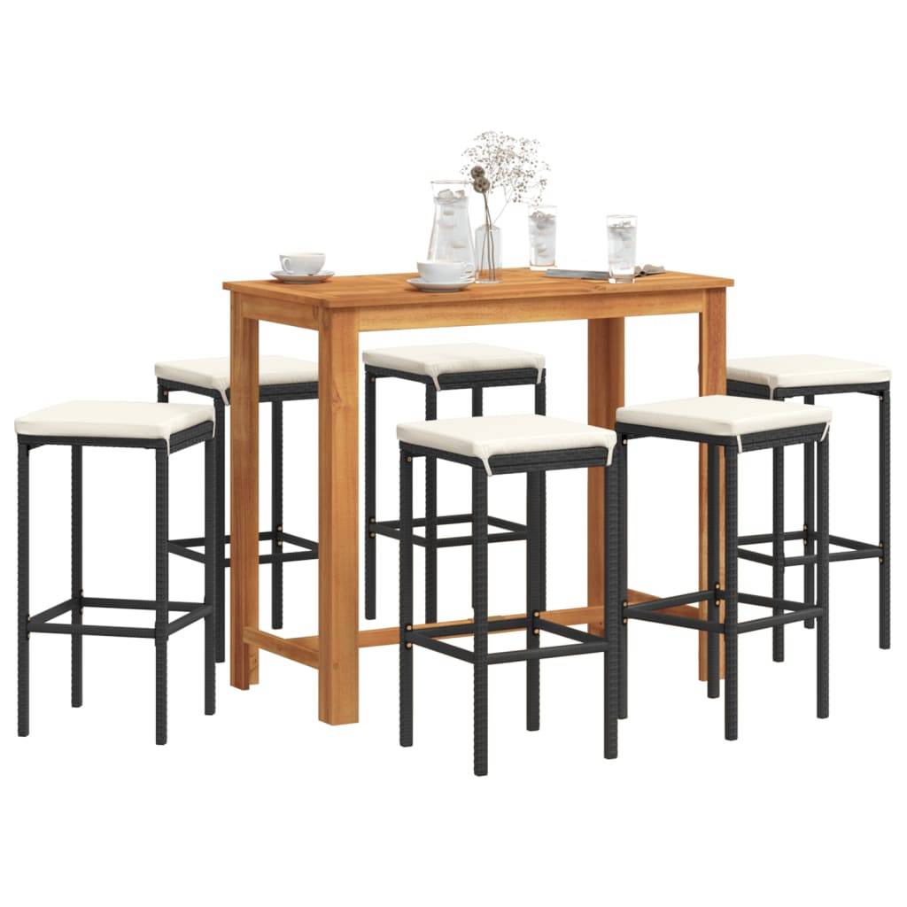 vidaXL 7-tlg. Gartenbar-Set Schwarz Massivholz Akazie und Poly Rattan