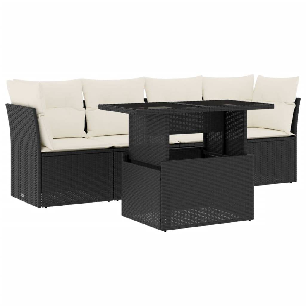 vidaXL 5-tlg. Garten-Sofagarnitur mit Kissen Schwarz Poly Rattan
