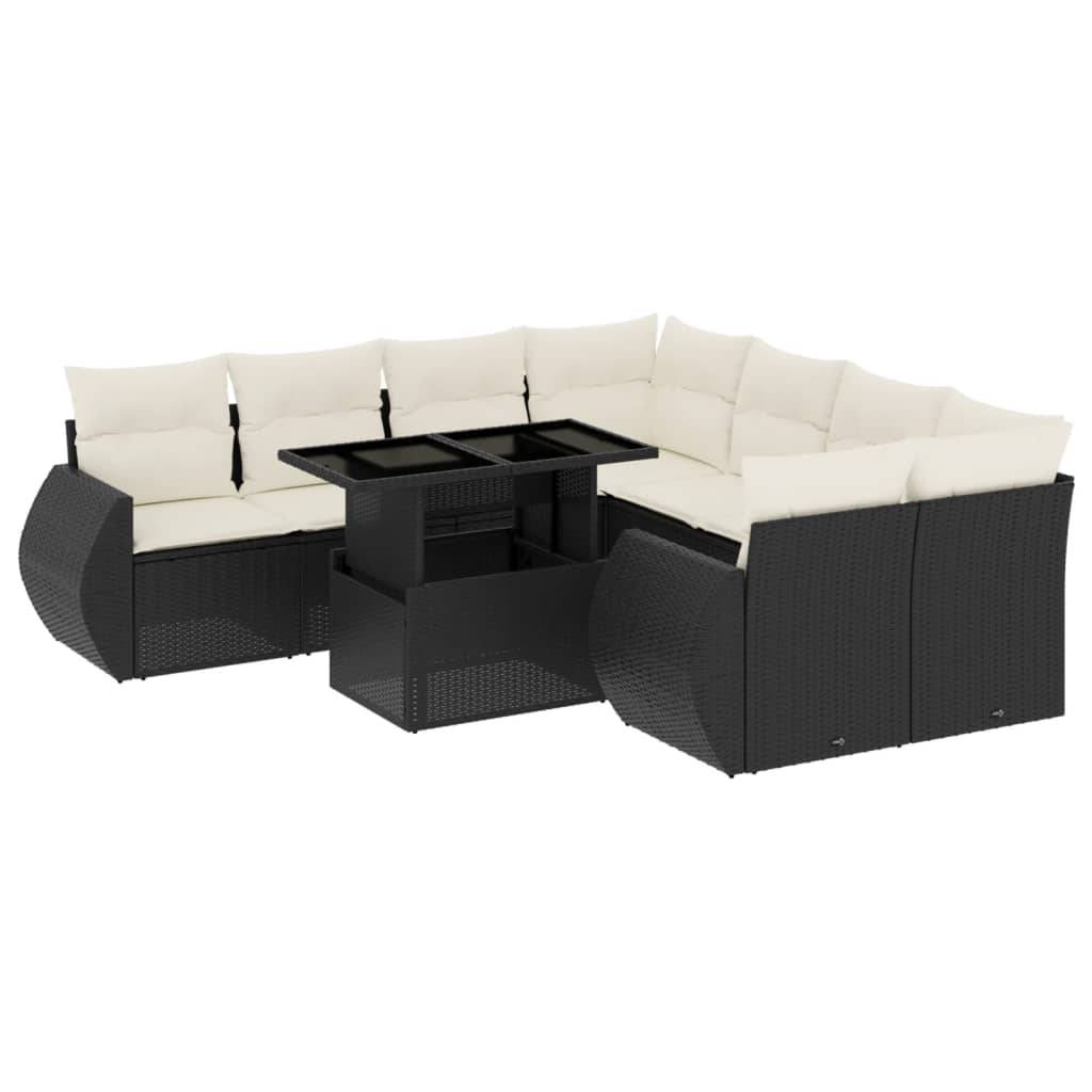 vidaXL 9-tlg. Garten-Sofagarnitur mit Kissen Schwarz Poly Rattan