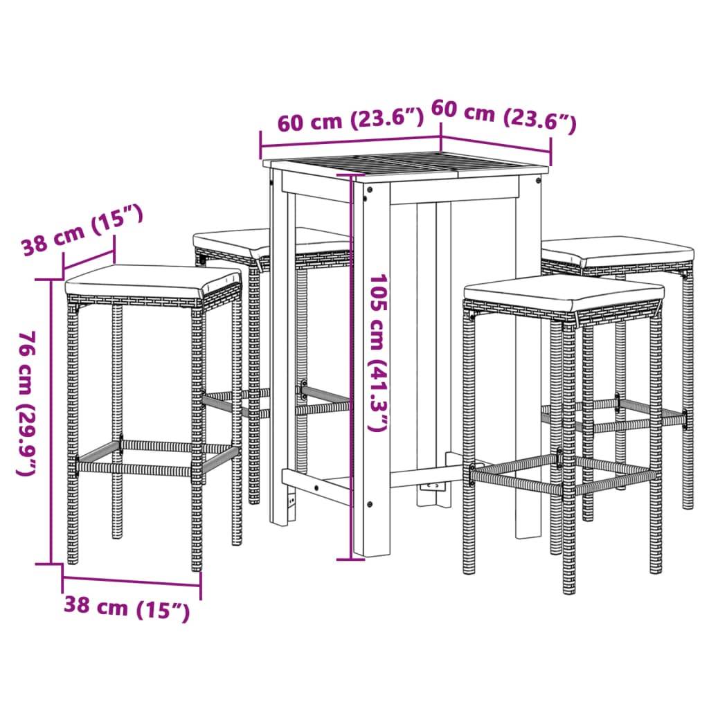 vidaXL 5-tlg. Gartenbar-Set Grau Massivholz Akazie und Poly Rattan