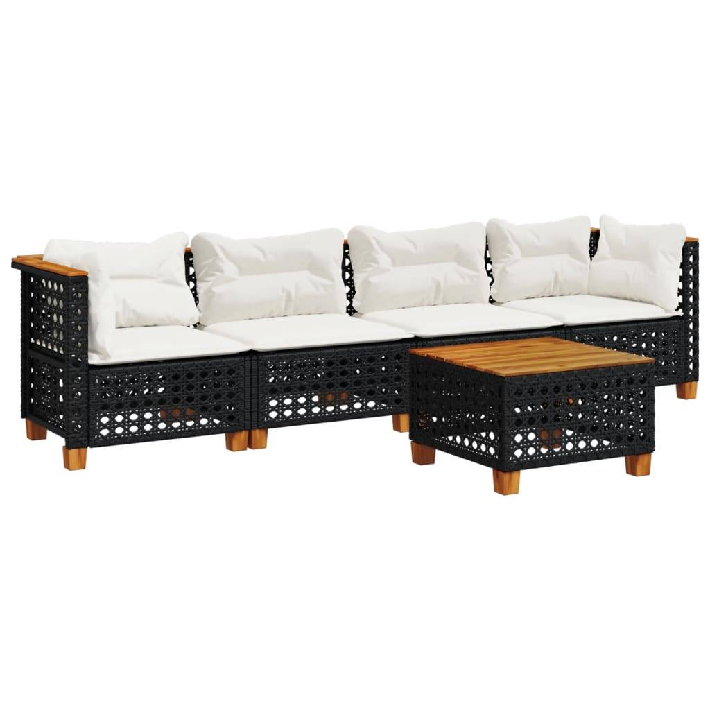 vidaXL 5-tlg. Garten-Sofagarnitur mit Kissen Schwarz Poly Rattan