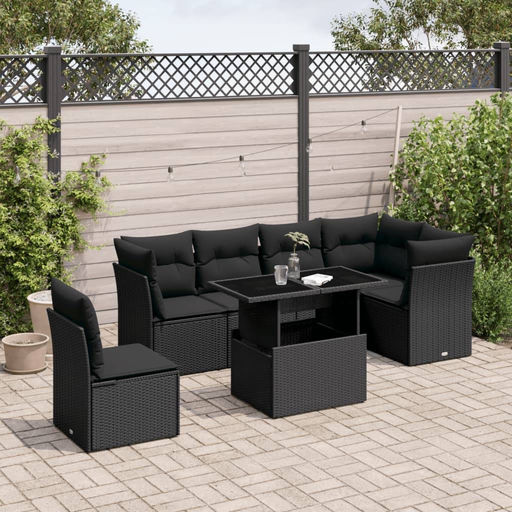 vidaXL 7-tlg. Garten-Sofagarnitur mit Kissen Schwarz Poly Rattan