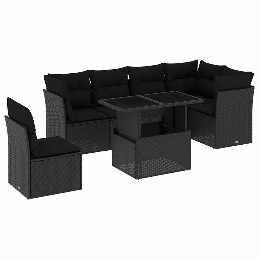 vidaXL 7-tlg. Garten-Sofagarnitur mit Kissen Schwarz Poly Rattan