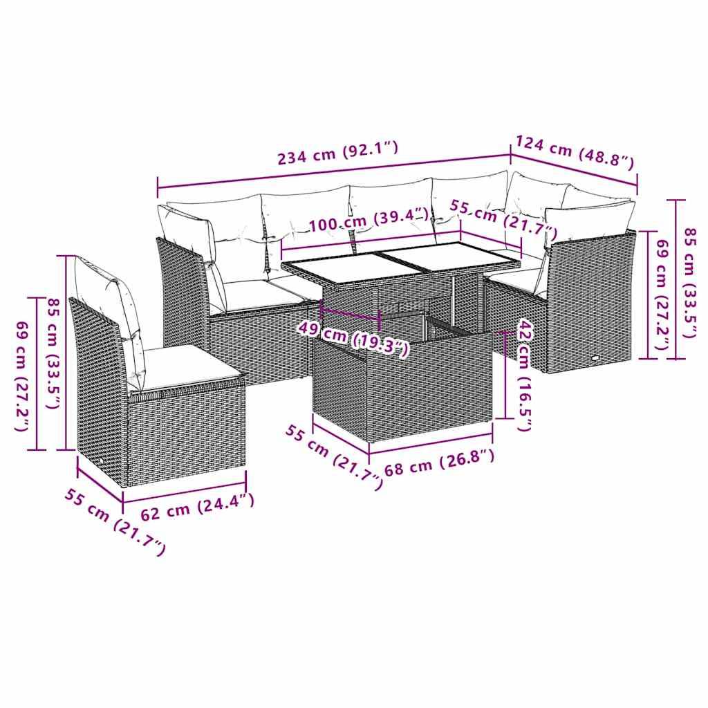 vidaXL 7-tlg. Garten-Sofagarnitur mit Kissen Schwarz Poly Rattan