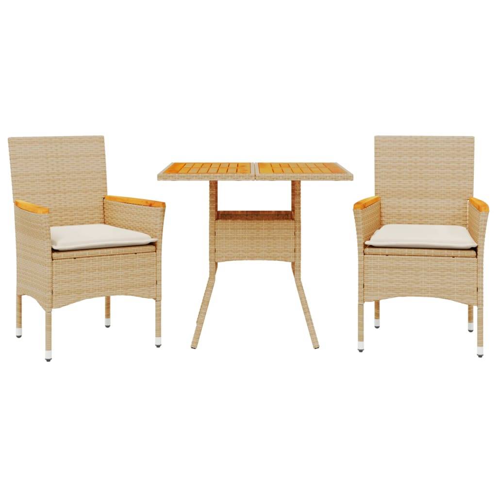 vidaXL 3-tlg. Garten-Essgruppe mit Kissen Beige Poly Rattan Akazie
