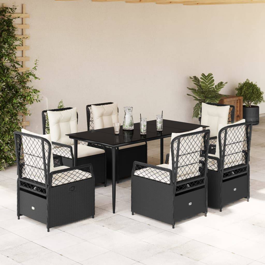 vidaXL 7-tlg. Garten-Essgruppe mit Kissen Schwarz Poly Rattan