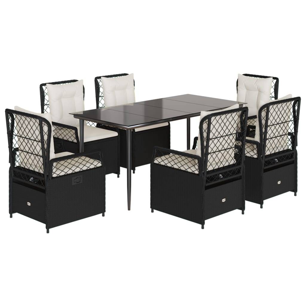 vidaXL 7-tlg. Garten-Essgruppe mit Kissen Schwarz Poly Rattan