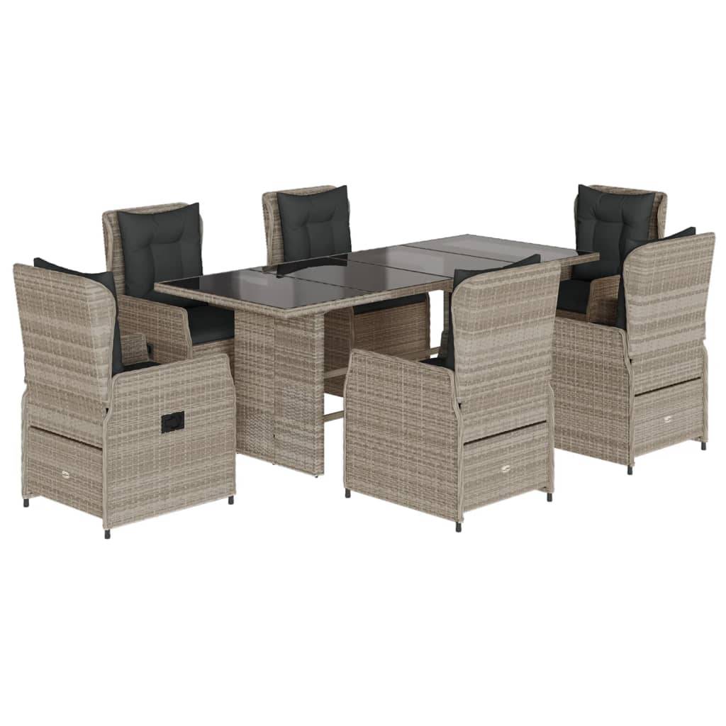vidaXL 7-tlg. Garten-Essgruppe mit Kissen Hellgrau Poly Rattan