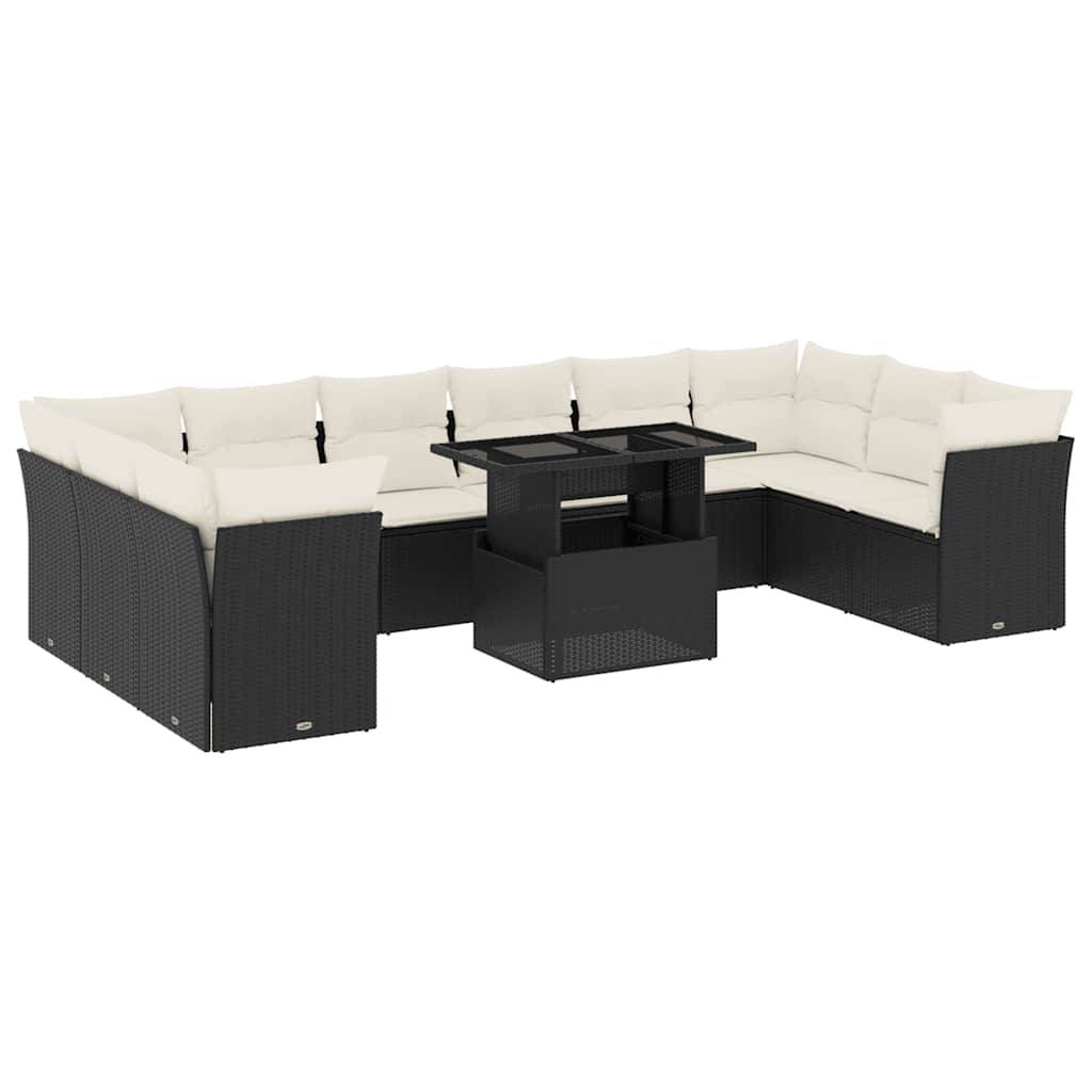 vidaXL 11-tlg. Garten-Sofagarnitur mit Kissen Schwarz Poly Rattan