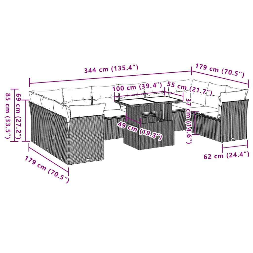 vidaXL 11-tlg. Garten-Sofagarnitur mit Kissen Schwarz Poly Rattan