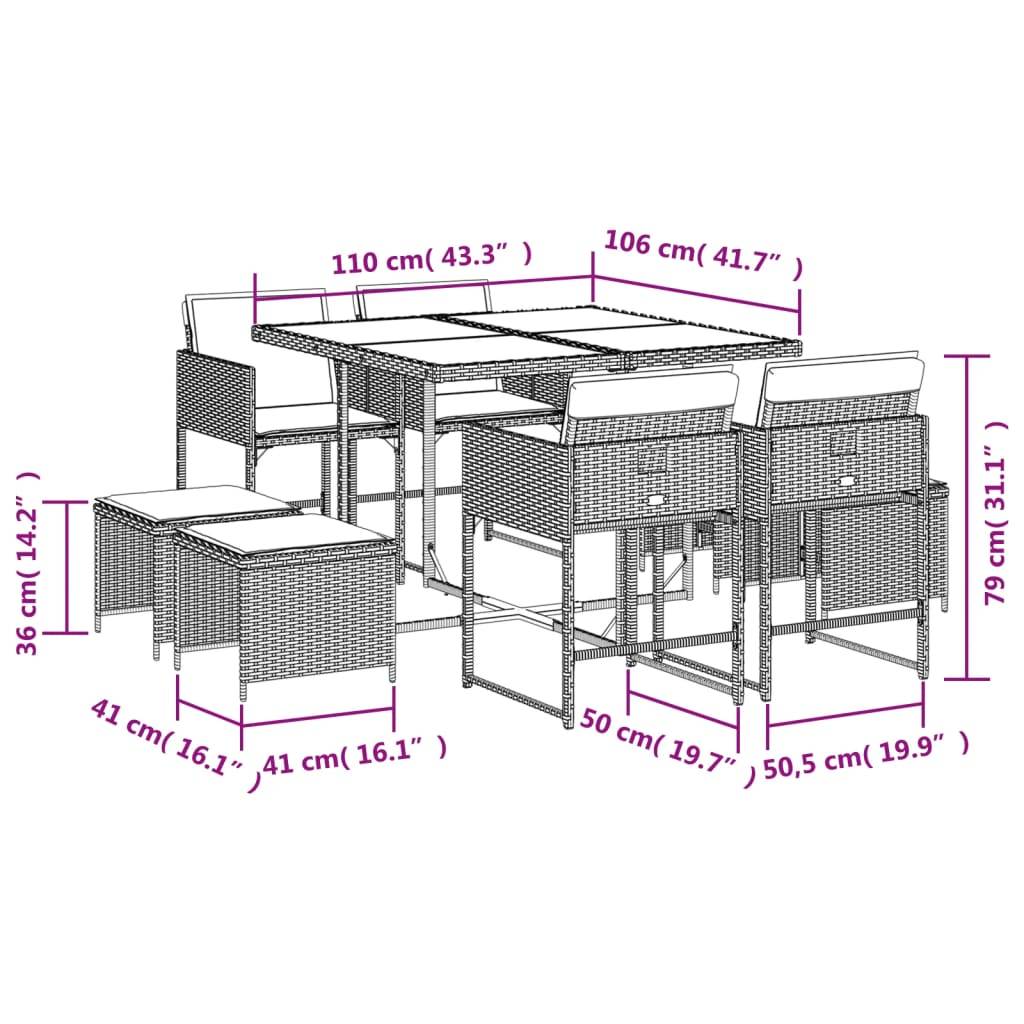 vidaXL 9-tlg. Garten-Essgruppe mit Kissen Schwarz Poly Rattan