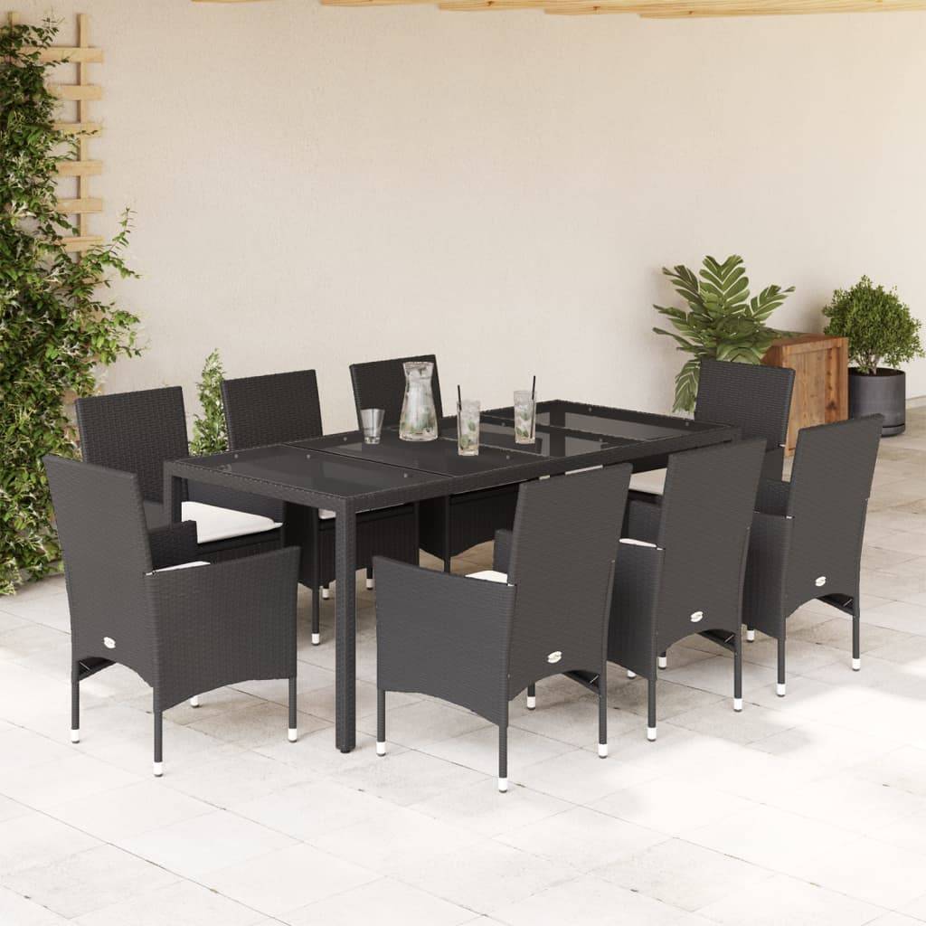 vidaXL 9-tlg. Garten-Essgruppe mit Kissen Schwarz Poly Rattan und Glas