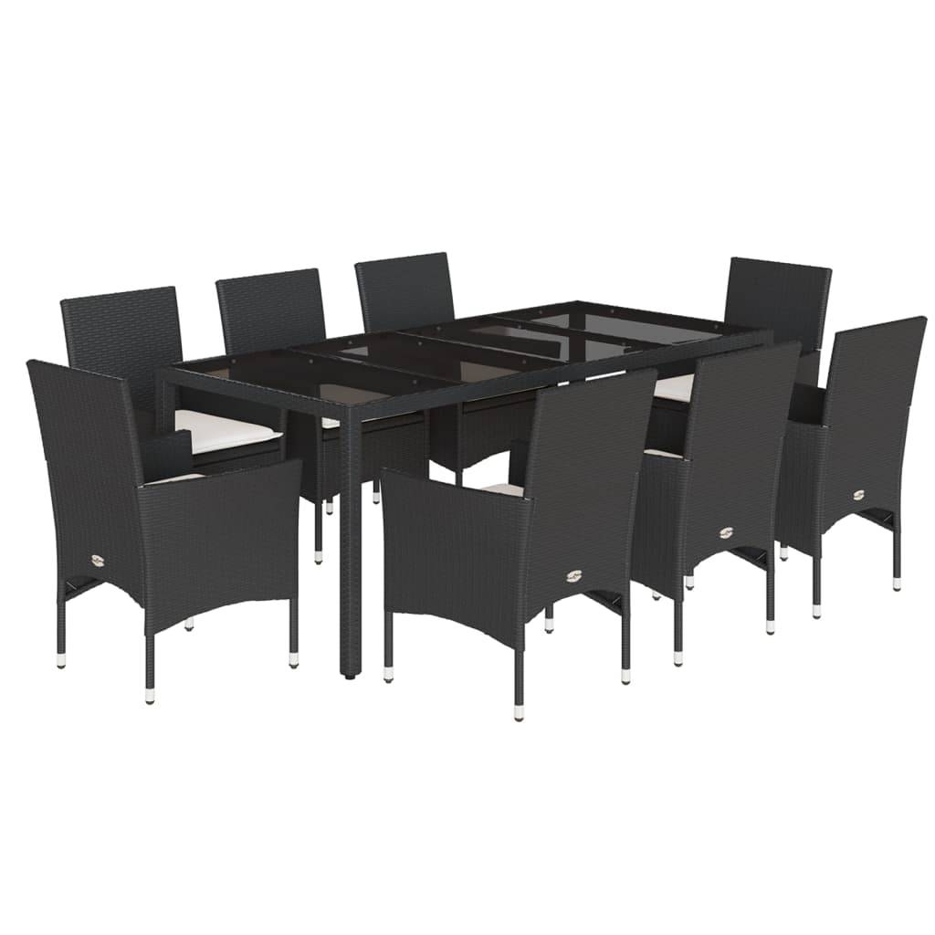 vidaXL 9-tlg. Garten-Essgruppe mit Kissen Schwarz Poly Rattan und Glas