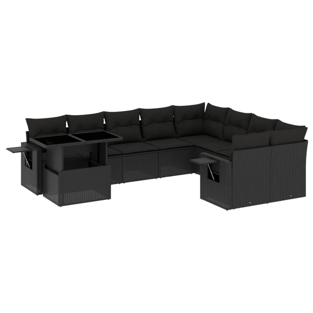 vidaXL 10-tlg. Garten-Sofagarnitur mit Kissen Schwarz Poly Rattan