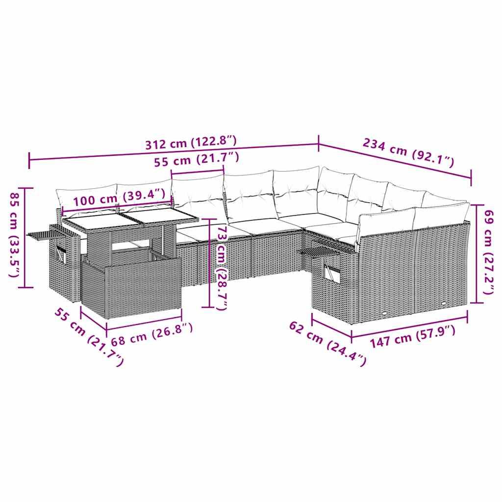 vidaXL 10-tlg. Garten-Sofagarnitur mit Kissen Schwarz Poly Rattan