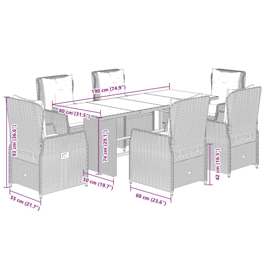 vidaXL 7-tlg. Garten-Essgruppe mit Kissen Grau Poly Rattan