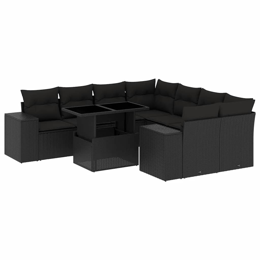 vidaXL 9-tlg. Garten-Sofagarnitur mit Kissen Schwarz Poly Rattan