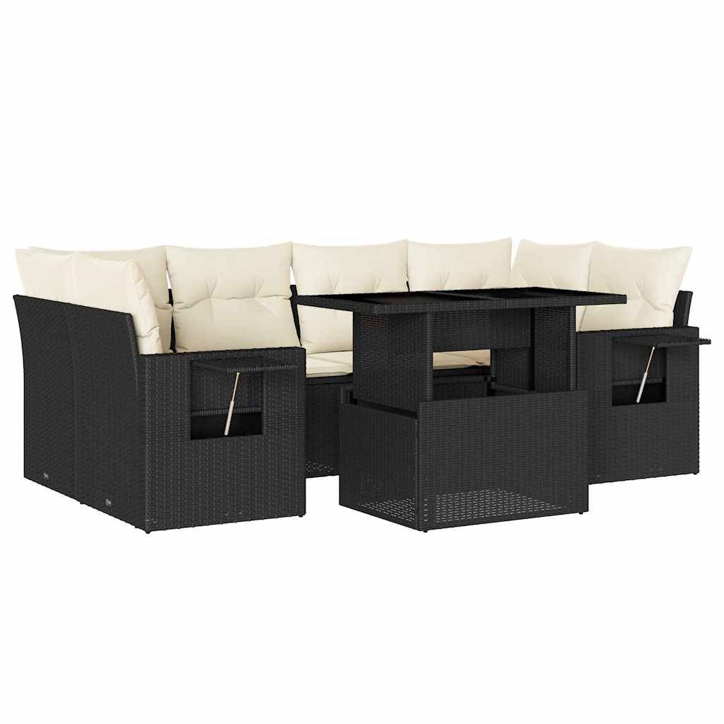 vidaXL 7-tlg. Garten-Sofagarnitur mit Kissen Schwarz Poly Rattan