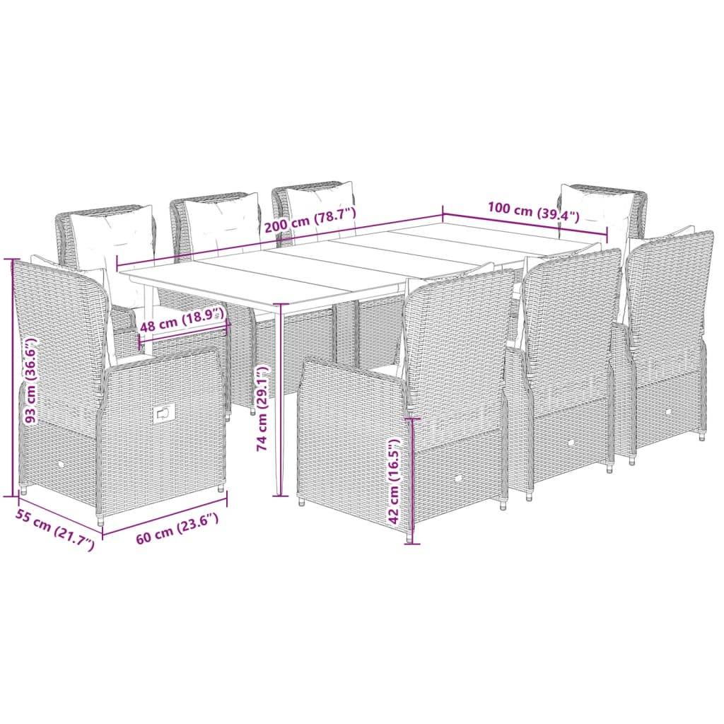 vidaXL 9-tlg. Garten-Essgruppe mit Kissen Beige Poly Rattan