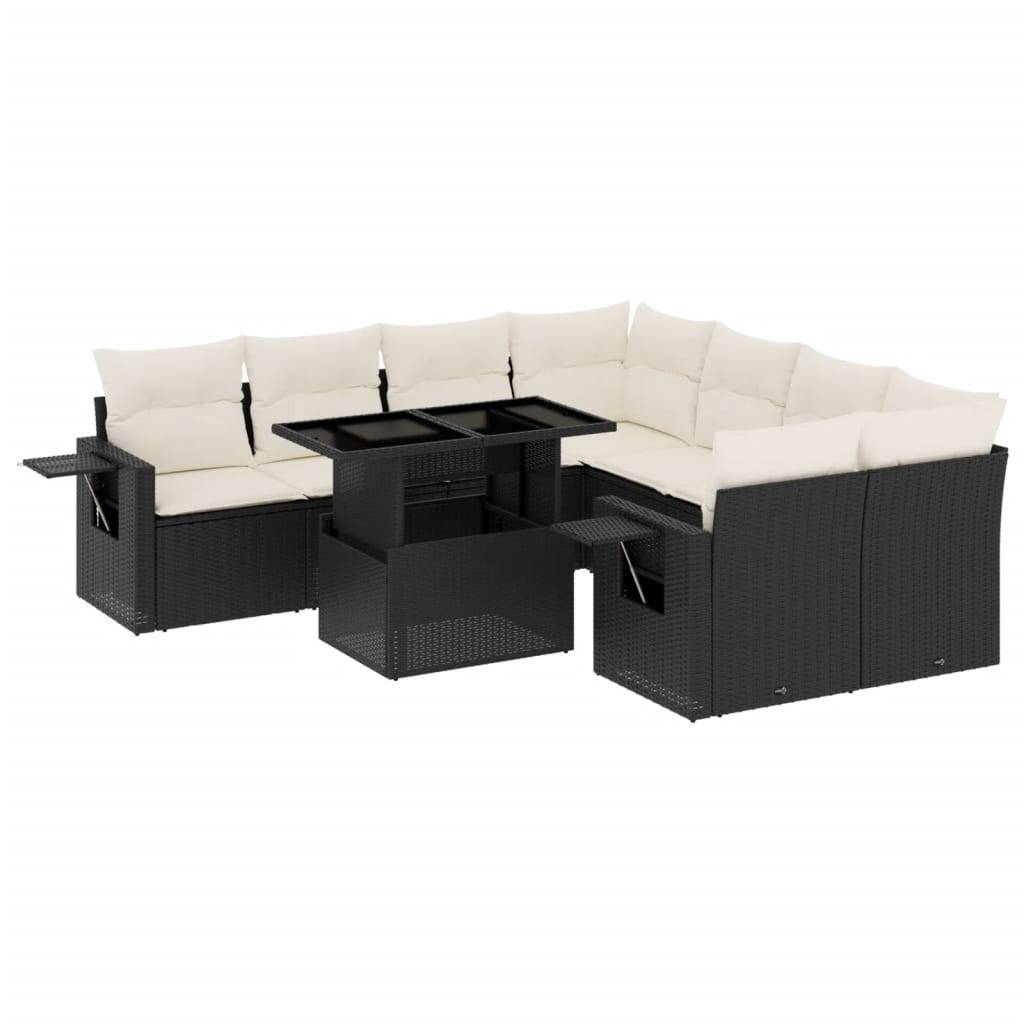 vidaXL 9-tlg. Garten-Sofagarnitur mit Kissen Schwarz Poly Rattan