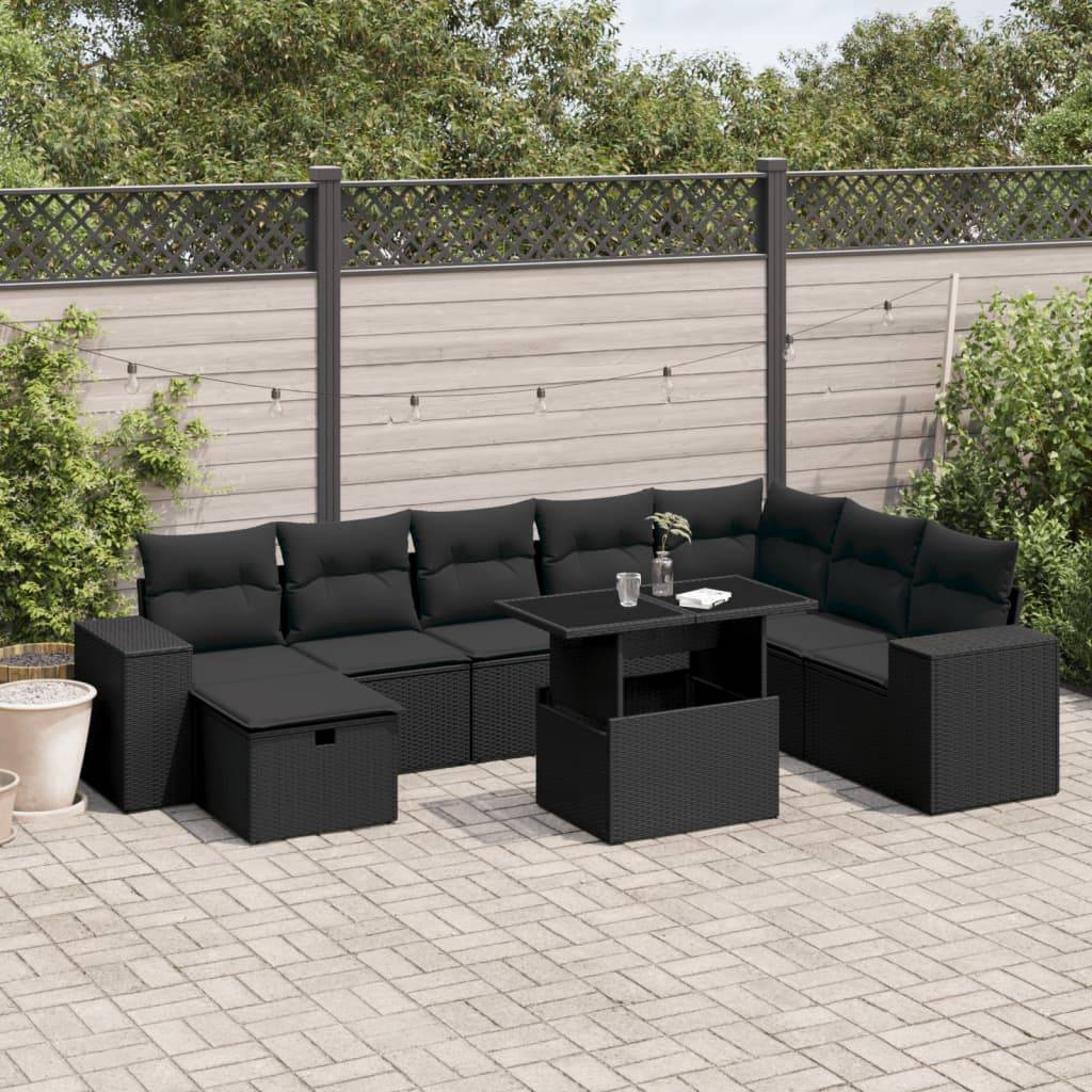 vidaXL 9-tlg. Garten-Sofagarnitur mit Kissen Schwarz Poly Rattan