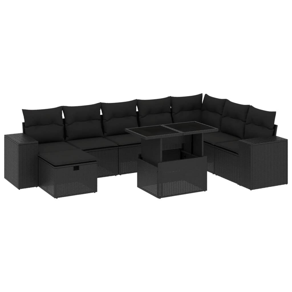 vidaXL 9-tlg. Garten-Sofagarnitur mit Kissen Schwarz Poly Rattan