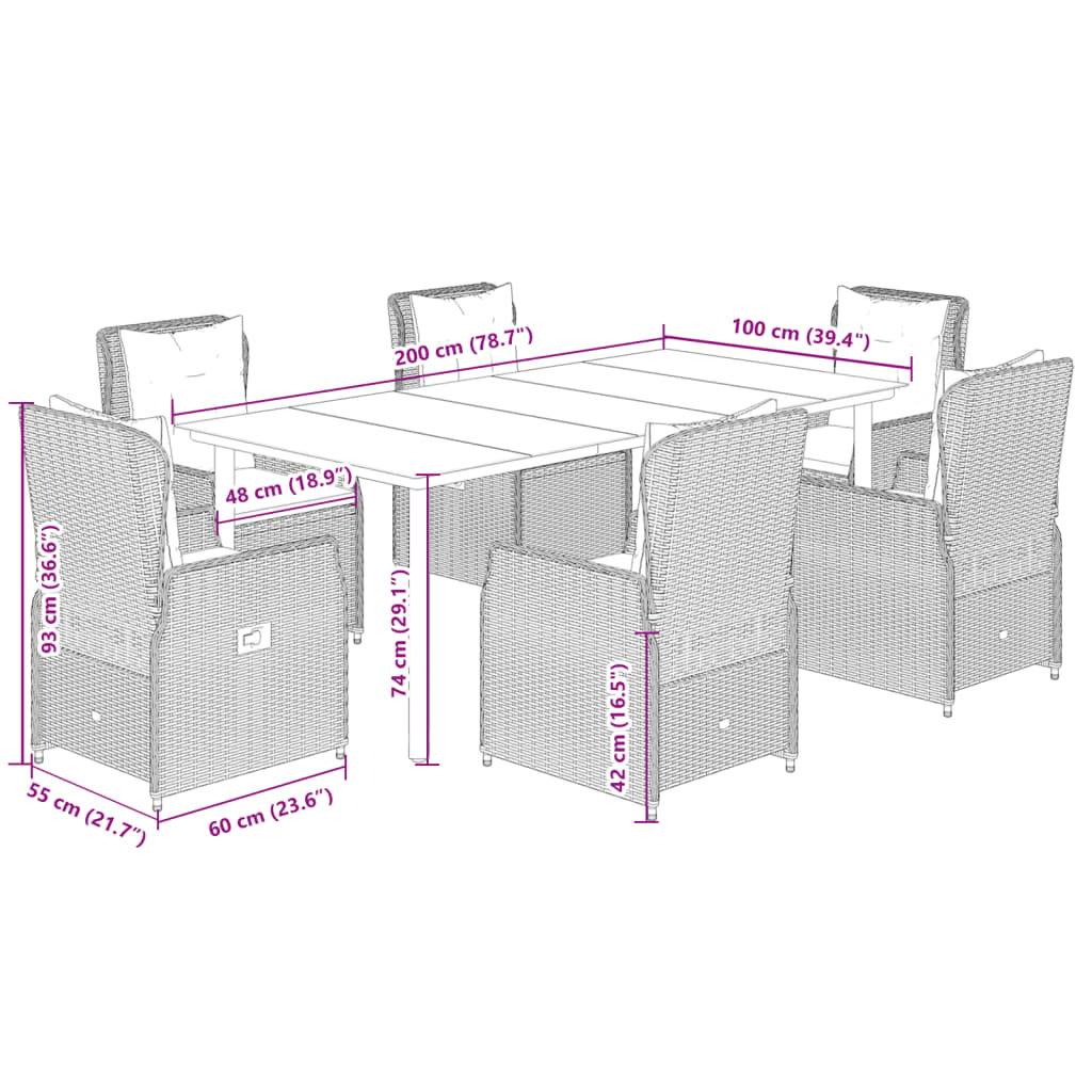 vidaXL 7-tlg. Garten-Essgruppe mit Kissen Beige Poly Rattan