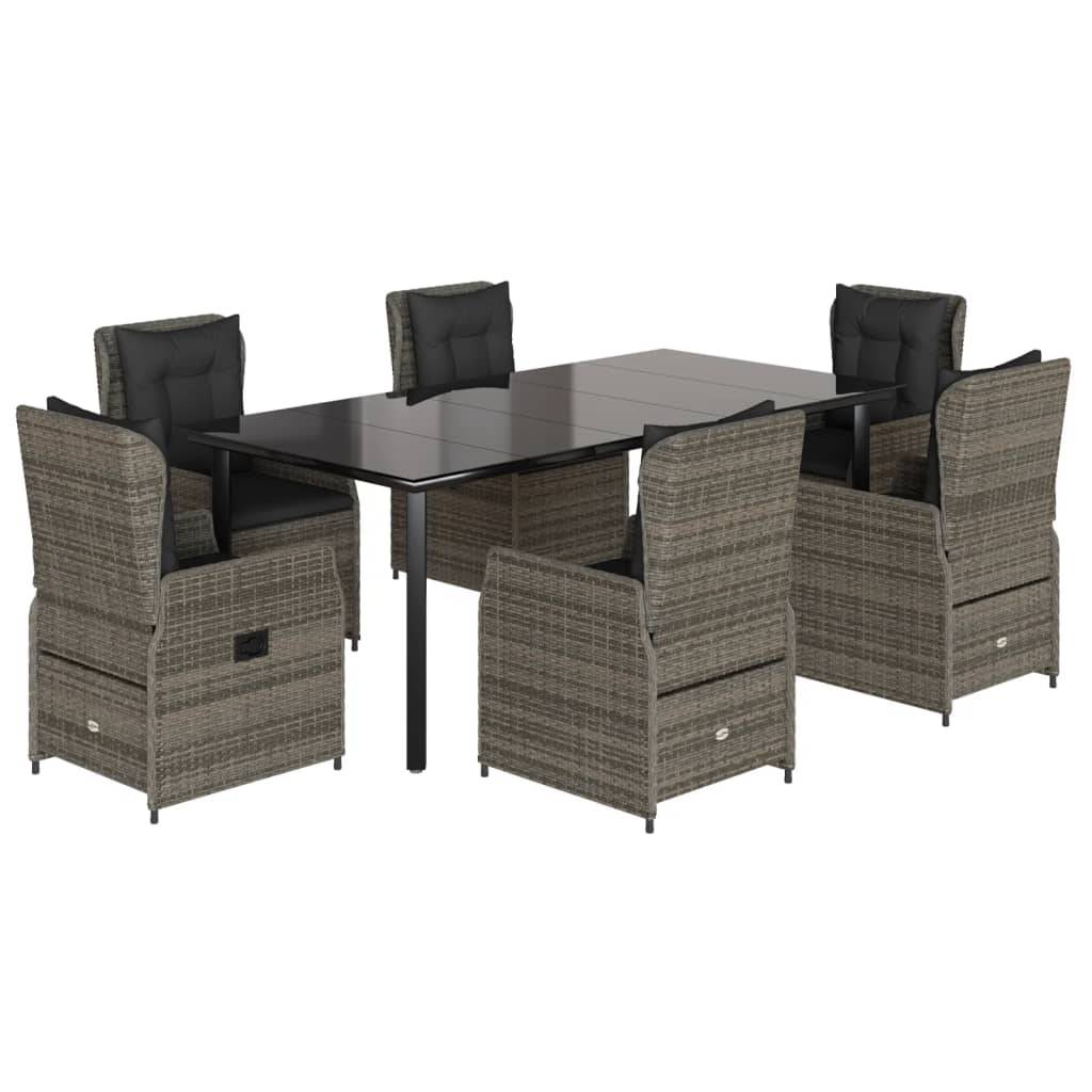 vidaXL 7-tlg. Garten-Essgruppe mit Kissen Grau Poly Rattan
