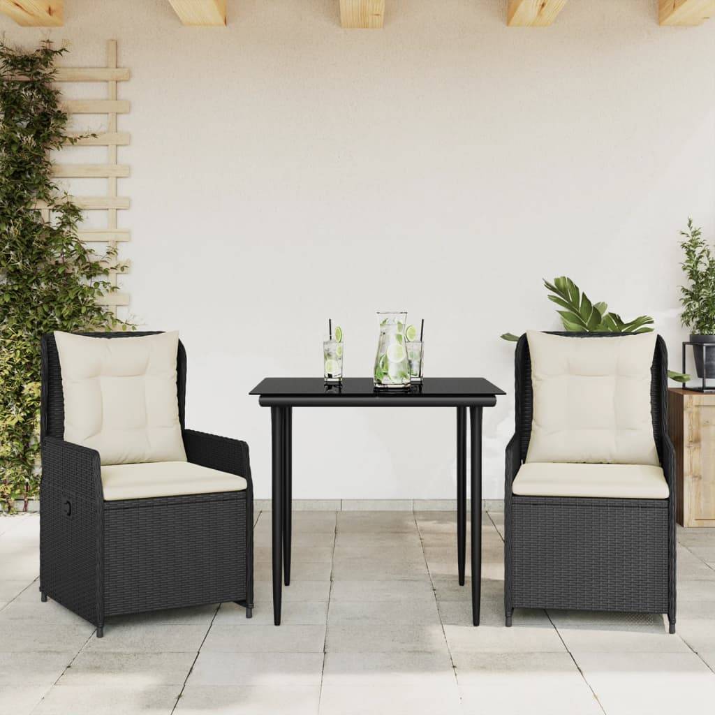 vidaXL 3-tlg. Garten-Essgruppe mit Kissen Schwarz Poly Rattan