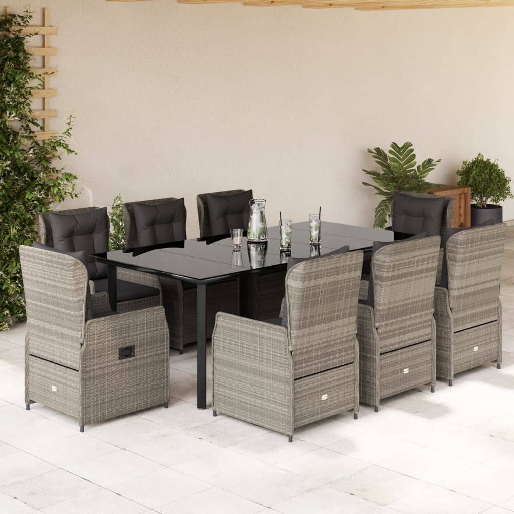 vidaXL 9-tlg. Garten-Essgruppe mit Kissen Hellgrau Poly Rattan
