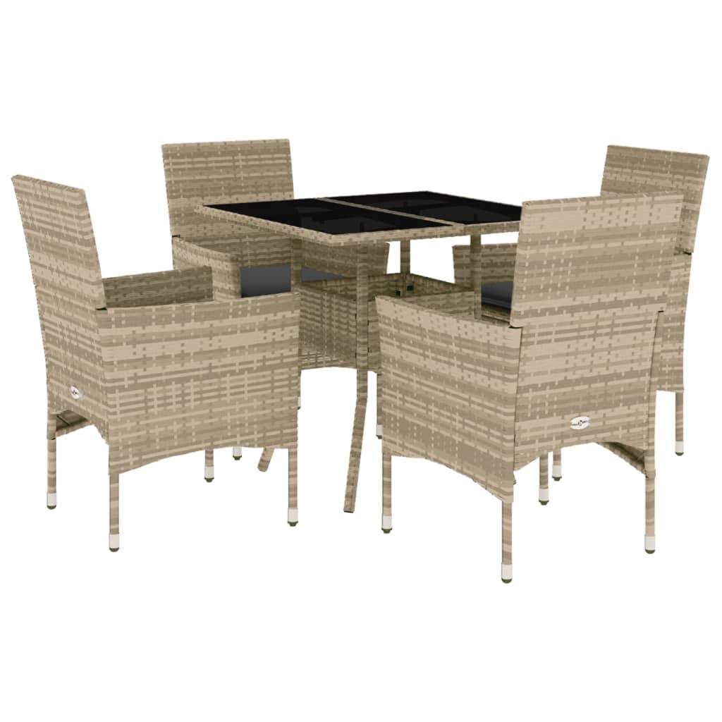 vidaXL 5-tlg. Garten-Essgruppe mit Kissen Hellgrau Poly Rattan Glas