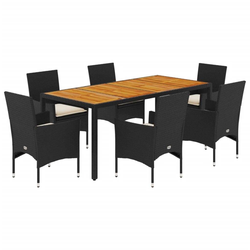 vidaXL 7-tlg. Garten-Essgruppe mit Kissen Schwarz Poly Rattan Akazie