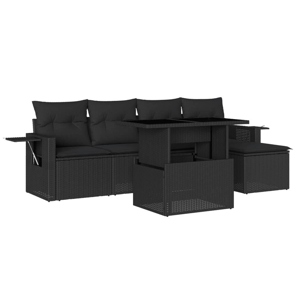 vidaXL 6-tlg. Garten-Sofagarnitur mit Kissen Schwarz Poly Rattan